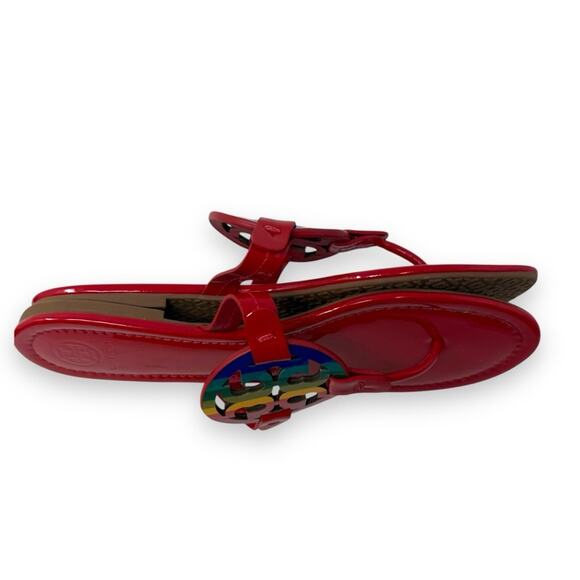 Tory Burch Patent Leather Bright Rainbow Ruby Red Miller Thong Sandal 9 Women’s - Picture 8 of 12